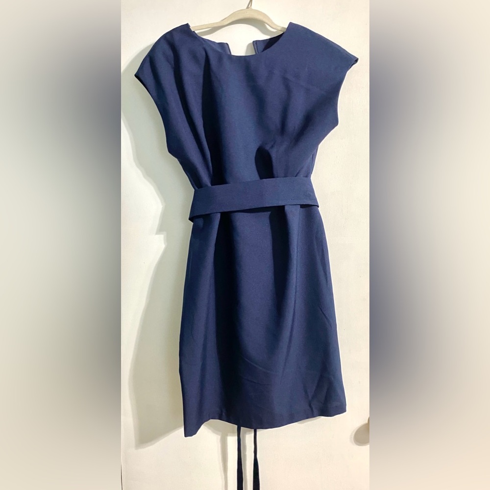 Navy Blue Laura Bettini Dress With Belt, Short Sleeve, Size: 16